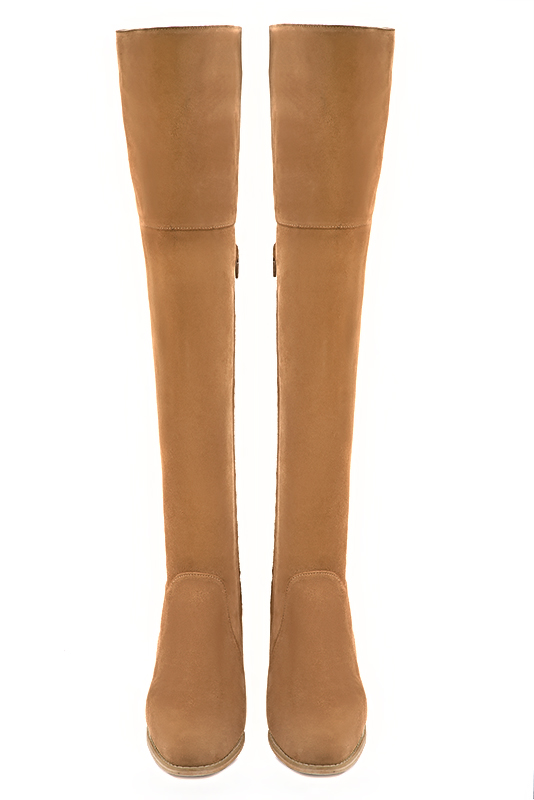 Camel beige women's leather thigh-high boots. Round toe. Low leather soles. Made to measure. Top view - Florence KOOIJMAN